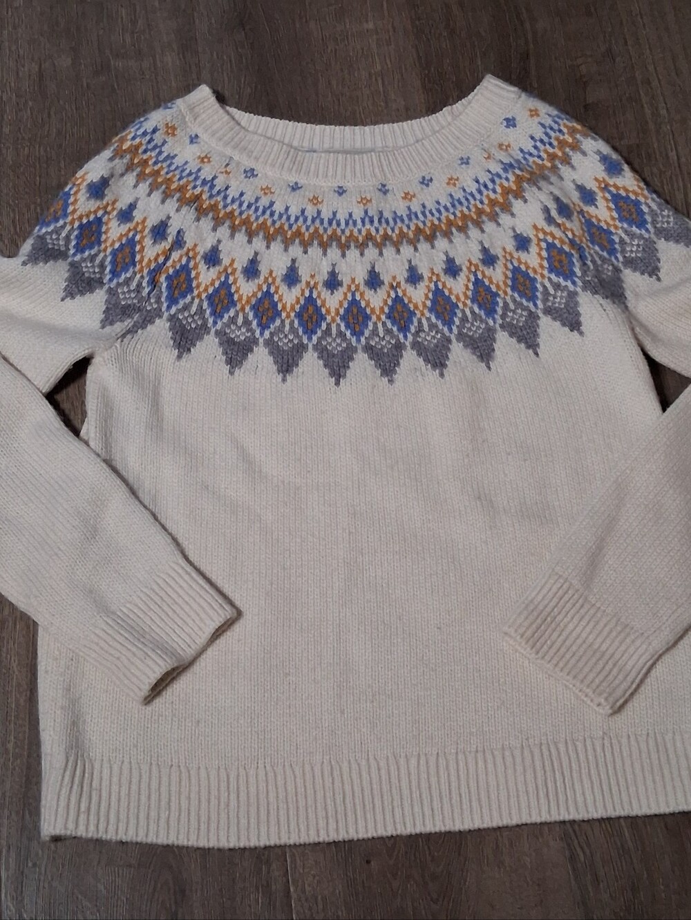 Orvis Wool Cashmere Blend Fair Isle Yoke Knit Crewneck Pullover Sweater